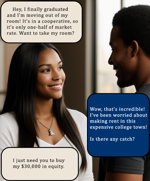 two college-age people have a friendly conversation. one offers her affordable room to the other, who expresses appreciation until he receives the news that the move-in cost is thirty thousand dollars.